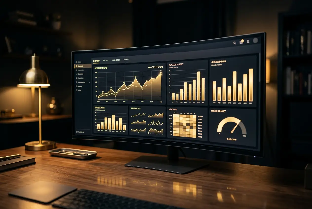 A wide monitor showing a dashboard of revenue trends, bar charts and a heatmap.