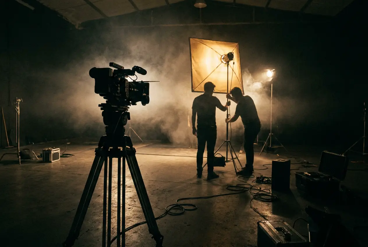 Two crew setting a light on a soundstage, camera on sticks in the foreground.