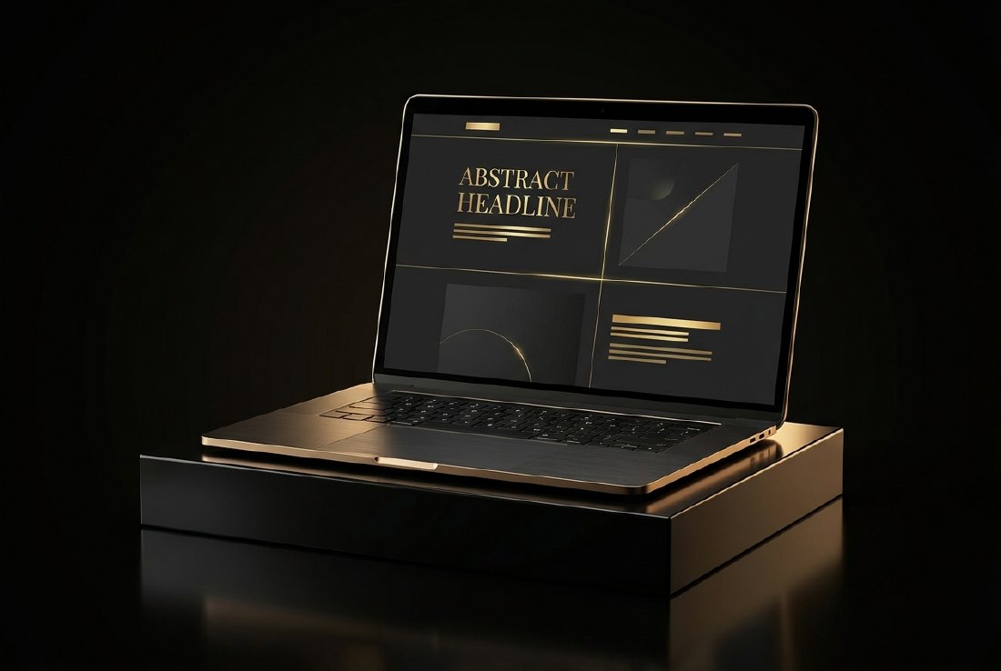 A finished site rendered on a laptop, black and gold.