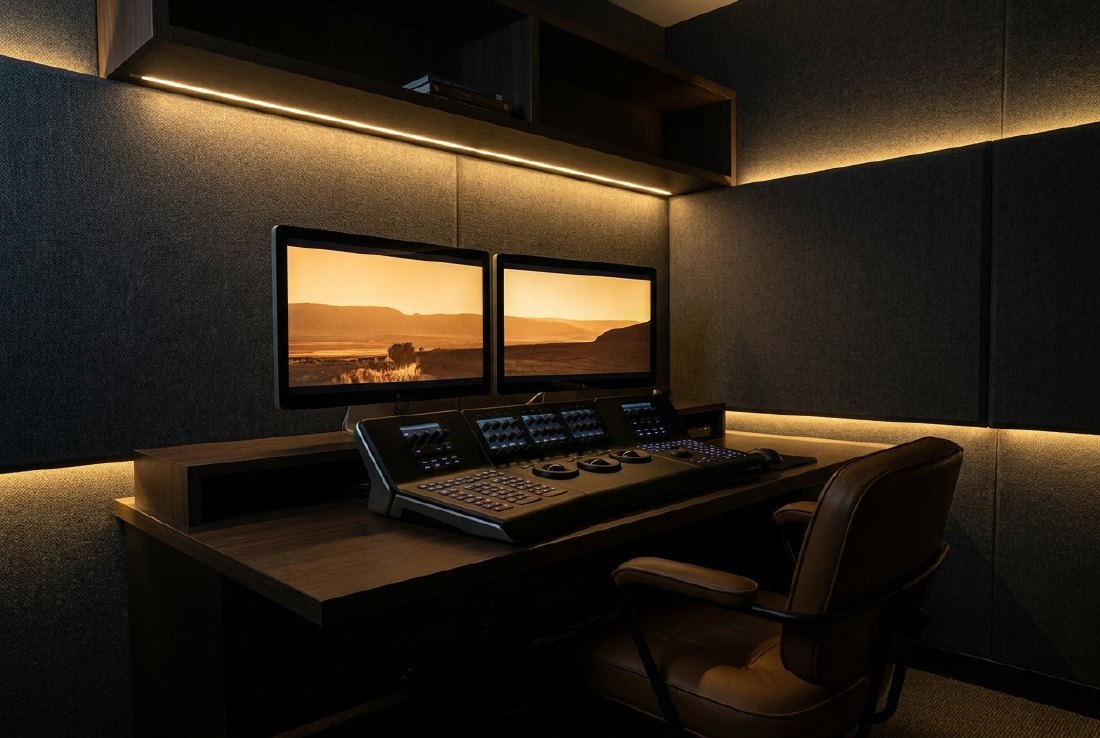 A darkened edit suite, two monitors lit and a desk of controls.